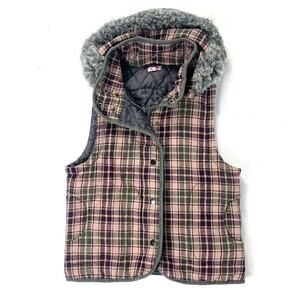 Plaid Faux Fur Hooded Vest